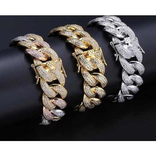 Full Rhinestone Iced Out Men Hip hop Bling Cuban Bracelet Paved Rhinestones Chain Copper CZ Bracelets For Women Men Jewelry