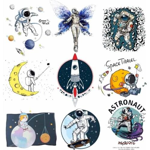 Space Astronaut Heat Transfer For Kids Clothes T Shirt Cartoon Thermo Stickers For Fabric Iron On Thansfers For Clothing DIY