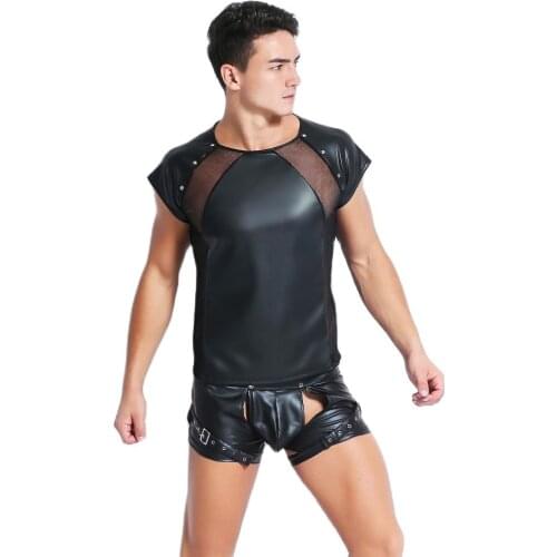 Mens Tight Short-Sleeved Tops T-Shirt Mesh Patchwork Tops Faux Leather Mesh Sexy Transparent Patent Leather Clothes Tops Tees