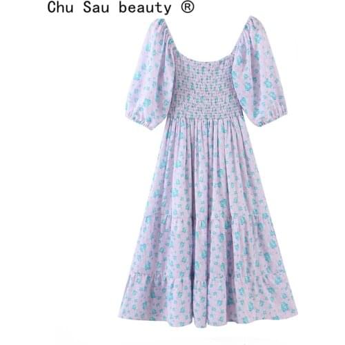 New Fashion 2021 Party Style Floral Print Midi Dress Women Summer Sexy Chic Backless Half Sleeve Dresses Female Vestido De Moda