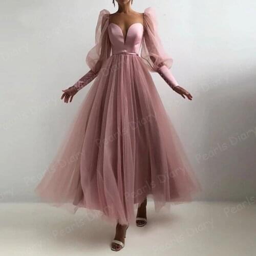 Dusty Pink Prom Gowns For Dubai Couture Puffy Long Sleeves 2021 A-Line Arabic Evening Dress Wedding Party Dress for Graduation