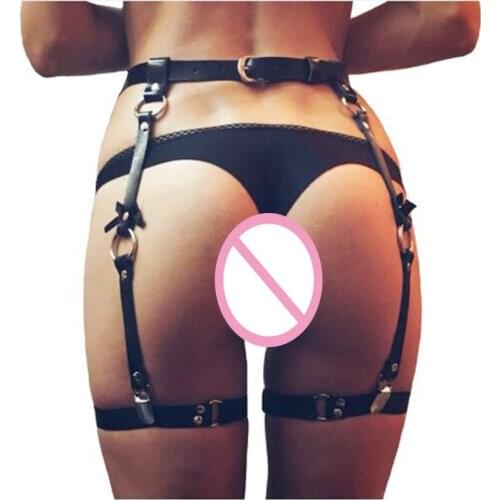Sexy Women PU Leather Body Thigh Leg Harness Garter Belt Suspender Straps Body Binder Ring with Bow Fetish Punk Costume