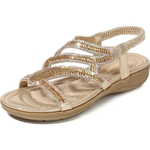 Flat Bottom Large Size Fashion Sandals Women Silver Gold Party Diamonds Summer Shoes Girls Low Heels Sandalias Mujer 2020