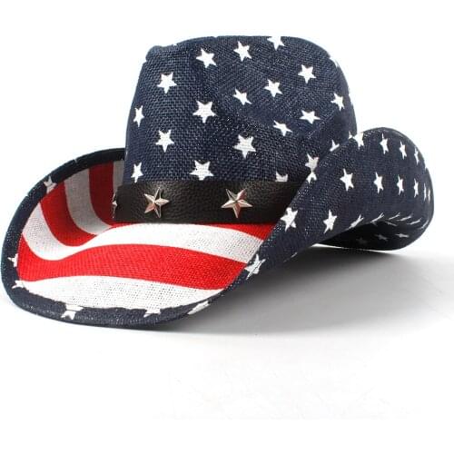 Women Men Straw Cowboy Hat For Western Sombrero Hombre Cowboy Caps With USA Flag Size 58CM Dropshipping