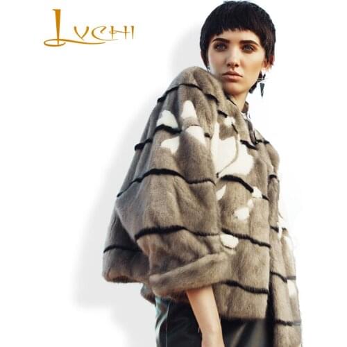 LVCHI New fashion 3D Print Floral Import Velvet Mink Fur coat natural fur womens fur coat Hand made 2019 Bat Sleeved series