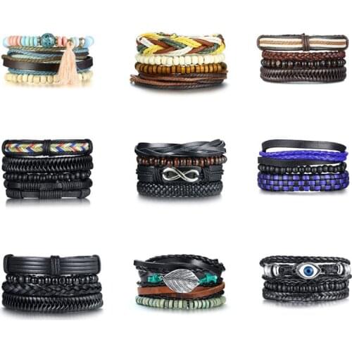 Vintage 4Pcs/ Set Braided Wrap Leather Bracelets for Men Life Tree Rudder Charm Wood Beads Ethnic Tribal Wristbands Heavy metals