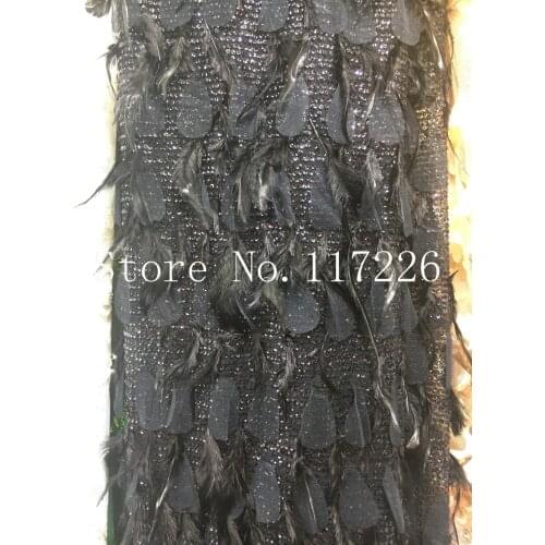 Top quality feather design embroidery tulle mesh lace fabric in white and black color for evening dress