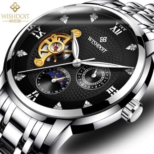 WISHDOIT men Watch Luxury Moon Phase Multifunctional Waterproof Large Dial Luminous Mens Mechanical Business Watch