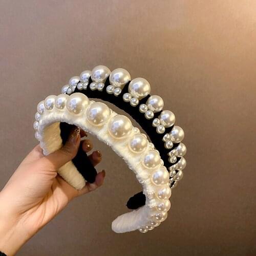 LOVOACC Fashion Multiple Oversize Imitation Pearl Headband for Women Lady Black White Velvet Wide Brimmed Hair Band Accessories