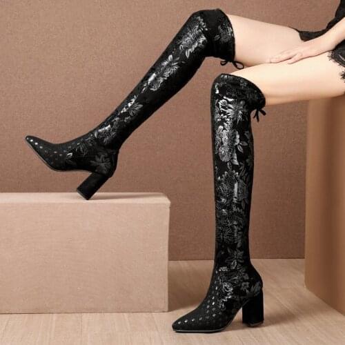 Sexy Embroider Long Boots Women 2021 Fashion High Heels Elastic Boots Female Thick Heeled Shoes Woman New Over The Knee Boots