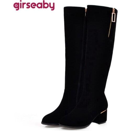 Girseaby Spring Autumn Knee High Boots Suede Round toe Rhinstone Female Zipper 2022 Chunky Square Heels Small Big 32-52 S2409