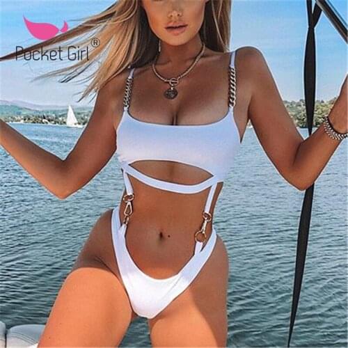 Pocket Girl 2020 Chain White Swimsuit One Piece Bathing Suit Brazilian Mujer Hollow Out High Cut Swimwear Women Push Up Monokini