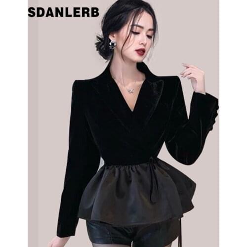 2021 Spring Autumn Black Women Blazer New Rhinestone Collar Fur Cuff Long Sleeve Suit Coat Fashion Office Lady Loose Jacket