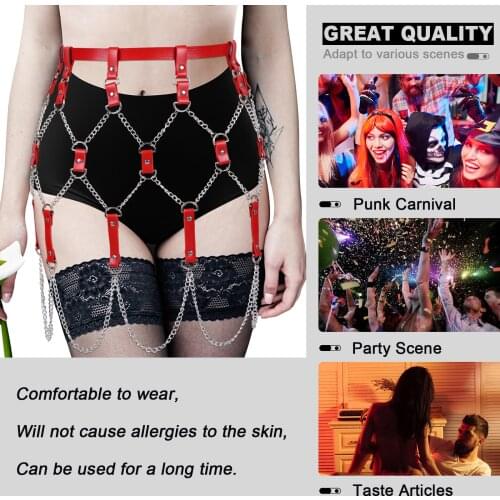 Punk Leather Body Chain Cage Harness Dress Gothic Hollow Out Hip Hop Sexy Mesh Plaid Silver Metal Chain Skirt Nightclub Party