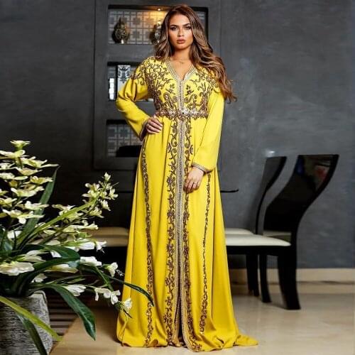 Vestidos Yellow Prom Dresses 2020 Embroidery Beaded A-Line Evening Dress Elegant Plus Size robe de soiree Fashion Moroccan Dress