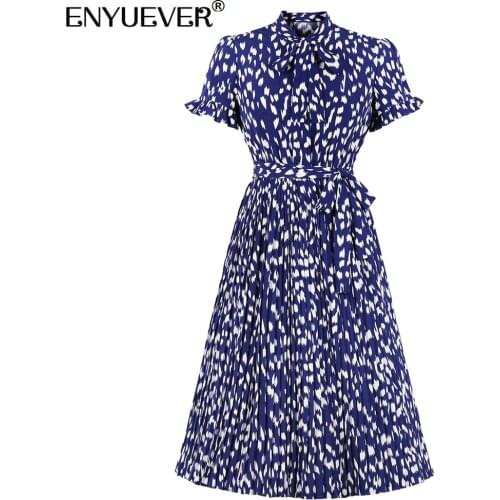 Enyuever Fashion Pleated Dress Women Summer Clothes Short Sleeve Bow Tie Neck Floral Print Elegant Vintage Party Casual Dress