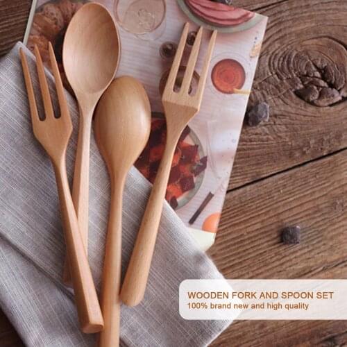 2 Pcs Brand New Portable Tableware Wooden Cutlery Sets Bamboo Fork Travel Dinnerware Suit Environmental Kitchen Tool