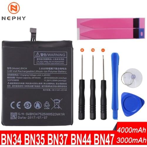 Nephy Phone Battery BN34 BN35 BN37 BN44 BN47 For Xiaomi Mi A2 Lite Redmi 5 5A Plus 6 Pro 6A Mobile Phone Replacement Free Tools