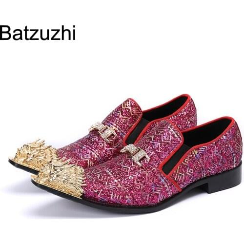 Batzuzhi Luxury Handmade Mens Shoes Pointed Golden Metal Toe Leather Dress Shoes for Men Pary and Wedding Blink Shoes Zapatos