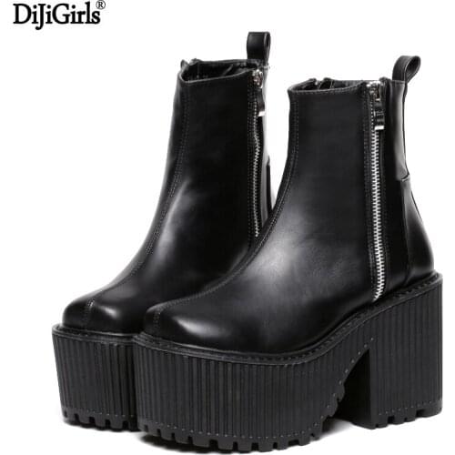 Botines Tacon Mujer Black /White Platform Boots Punk Rock Motorcycle Boots Zipper Chunky Ankle Boots High Heel Martin Boots