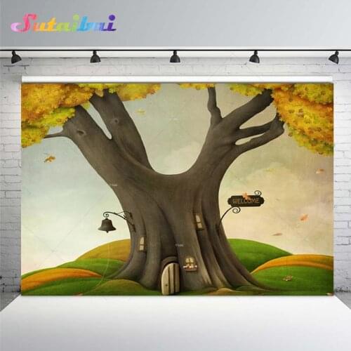 Fall Bear Tree House Backdrop Baby Shower Autumn Maple Leaf Newborn Portrait Photography Background for Photo Studio Props