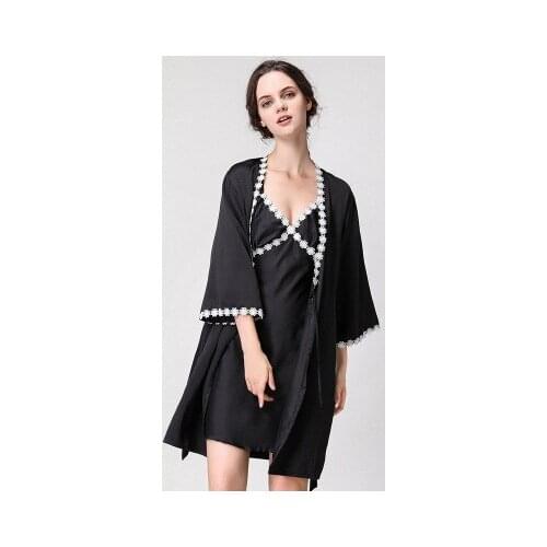 Daeyard Sexy Embroidery Robe Gown Set Women Satin Dress Gown And Short Kimono Robe 2 PCS Nighties Sleepwear Elegant Homewear
