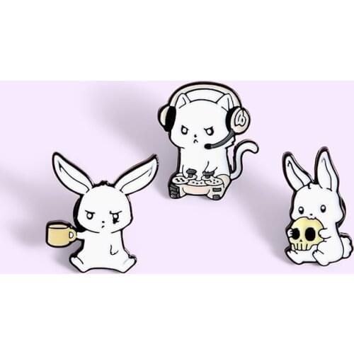 Cute Rabbit Enamel Pin Music Cup Bunny Badge Brooch for Bag Lapel pin Cartoon Animal Jewelry Gift for Friends Men Boys