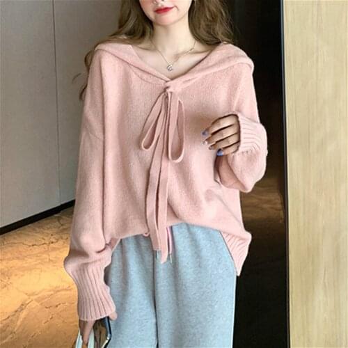 Kawaii Knitted Sweater Women Sweet Korean Style Loose Oversize Thin Pullover Female Casual Long Sleeve Lace-up Tops 2021 Autumn