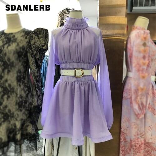 2021 Summer Autumn New Japanese Style Pure Color Half Collar Long-Sleeved Dress for Women Drawstring Slim-Fit Student Dress