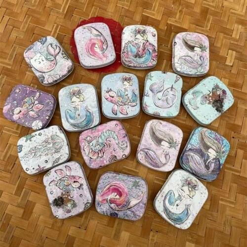 Wholesale-16 Pcs Cartoon Mermaid Mini Tins Metal Storage Box Small Collection Tin Box Portable Cosmetics Container