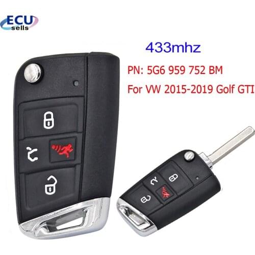 4 Button 433MHz Flip Remote Key for Volkswagen Golf GTI 2015-2019 P/N: 5G6 959 752 BM HU162 blade With Recess