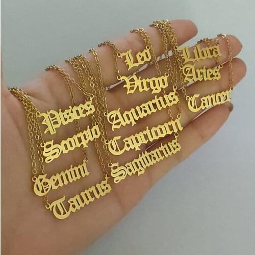 12 pcs lot Constellation Necklace Stainless Steel Horoscope Zodiac Necklace For Women Vintage Pisces Aries Taurus Gift