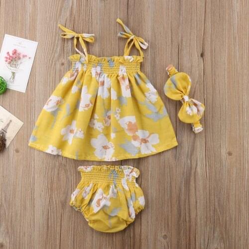 HOT New 3PCS Casual Girl Set 0-24M Summer Baby Girls Flower Top T-shirt Dress Short Pants Headband Outfits Clothes