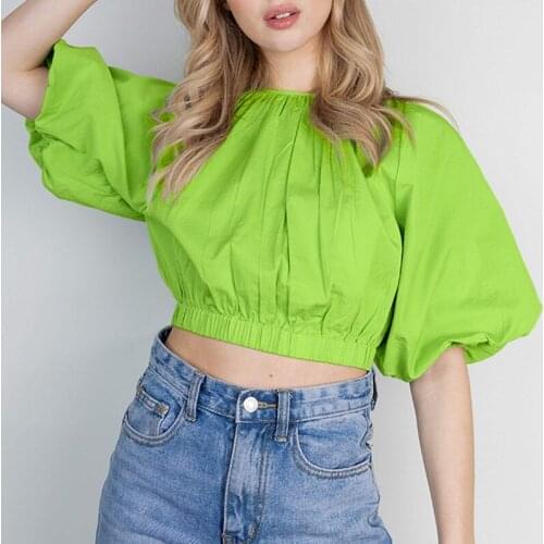 Summer New Fashion Retro Shirt Cotton and Linen Womens Lantern Sleeve Short Loose Round Neck Short Sleeve T-shirt Aesthetic