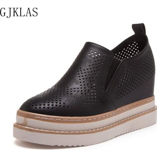 Genuine Leather Casual Shoes Platform Wedge Sneakers Femme New Hollow Out White Black Loafer Womens Slip on Chunky Heel Sneakers