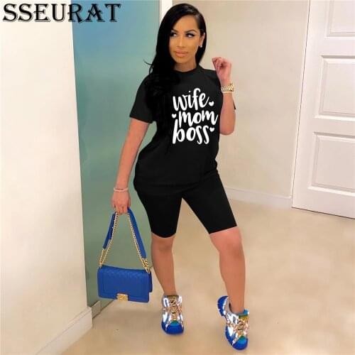 SSEURAT Women Set Letter Print O-neck Tops and Short PantsTwo Piece Set Fitness Outfit Matching Set