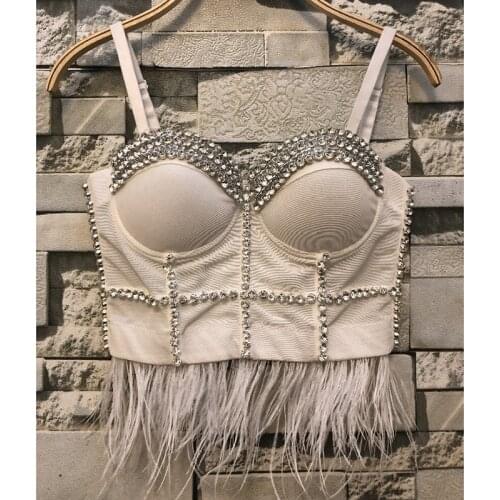 Atoshare Women Sexy Feather Rhinestone Top Black White Bustier Corset Crop Top Party Club Clothing