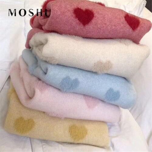 Knitted Sweater Women Winter Heart Print Ladies Tops Sweat Japanese Style Warm Fall Sweater O Neck Outerwear Female Jumpers