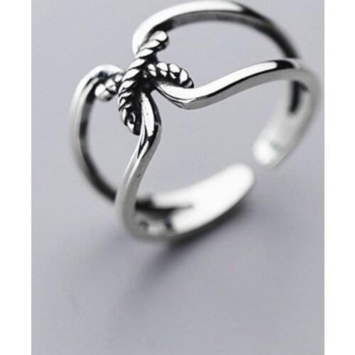 925 Sterling Silver Double Layer Twist Rope Thai Silver Color Rings Vintage X Shape Opening Ring For Women Jewelry S-R558