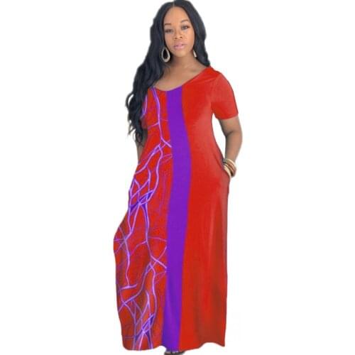 4XL Plus Size African Dress Women V Neck Short Sleeve Boubou 2021 Fashion Print Casual African T Shirt Long Dress 4XL Plus Size