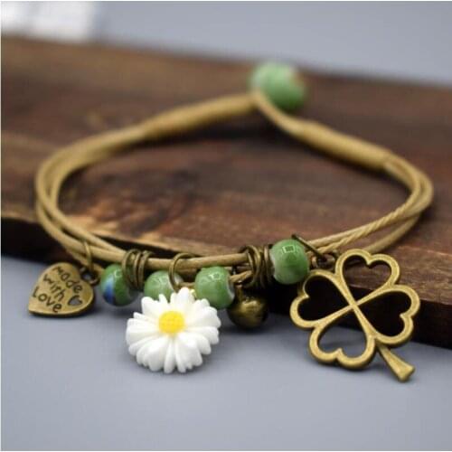 1pc Green flower daisy Ceramic woven bracelet for women gril Handmade painting flower on stone bracelets Original design
