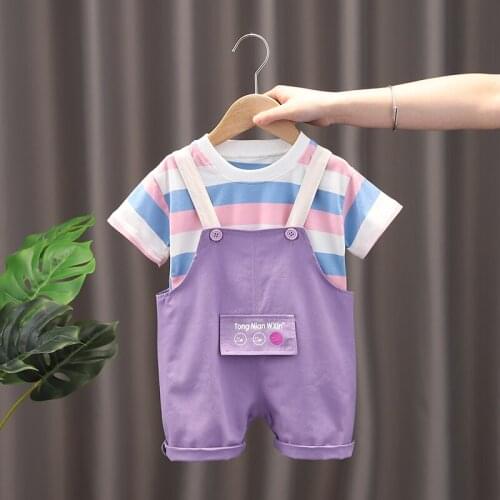 2021 Summer Fashion Baby Boys Girls Clothes Suits Children Cotton Stripe T Shirt+Overalls 2Pcs/set Toddler Infant Kids Tracksuit
