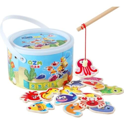 26pcs Marine Fishing Toys Kids Educational 3D Fish Wooden Magnetic Puzzles Fishing Game Outdoor Funny Boys Girl Gifts