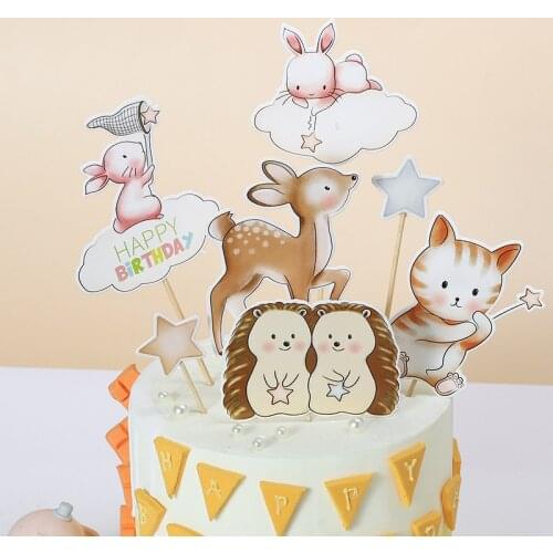 7pcs Animals Hedgehog Deer rabbit Cat Decoration Cake Toppers for Childrens Day Party Baby Happy Birthday Supplies Lovely Gifts