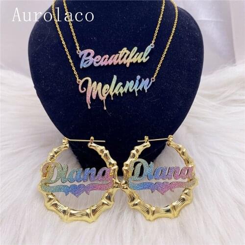 AurolaCo Custom Jewelry Set Bling Name Earrings Colorful Sticker Bamboo Hoop Earrings Custom Name Necklace for Women Gifts