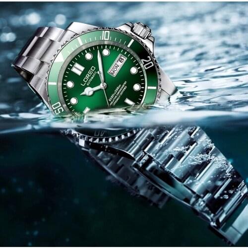 Fashion Diver Watch 200m waterproof LOREO Water Ghost Green Sapphire Mechanical Watches men Double Calendar Luminous Screw Crown