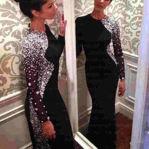 Black Muslim Evening Dresses Mermaid High Collar Long Sleeves Beaded Crystals Dubai Saudi Arabic Long Evening Gown Prom