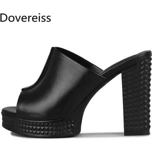 Dovereiss Fashion Womens Shoes Summer New Consice Waterproof Natural leather Sexy Elegant Slippers Chunky heels 33-43