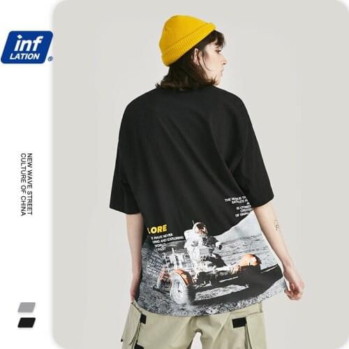 Fashion Explore, Astronauts on The Moon Printed Drop Shoulder Sleeve T-Shirt High Street Hip-Hop Cotton Unisex T Shirt NO56