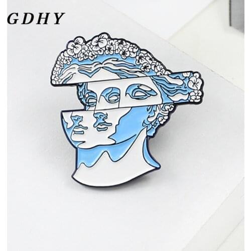 GDHY Fashion David Sculpture Blue Flower Hair Statue Brooch Enamel pin Abstract Puzzle Jigsaw David Statue Pin Badge Jewelry